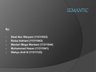 By:
1. Dewi Nur Waryani (11311033)
2. Roisa Indriani (11311043)
3. Mentari Mega Wardani (11311044)
4. Muhammad Hasan (11311041)
5. Wahyu Ardi N (11311123)
 