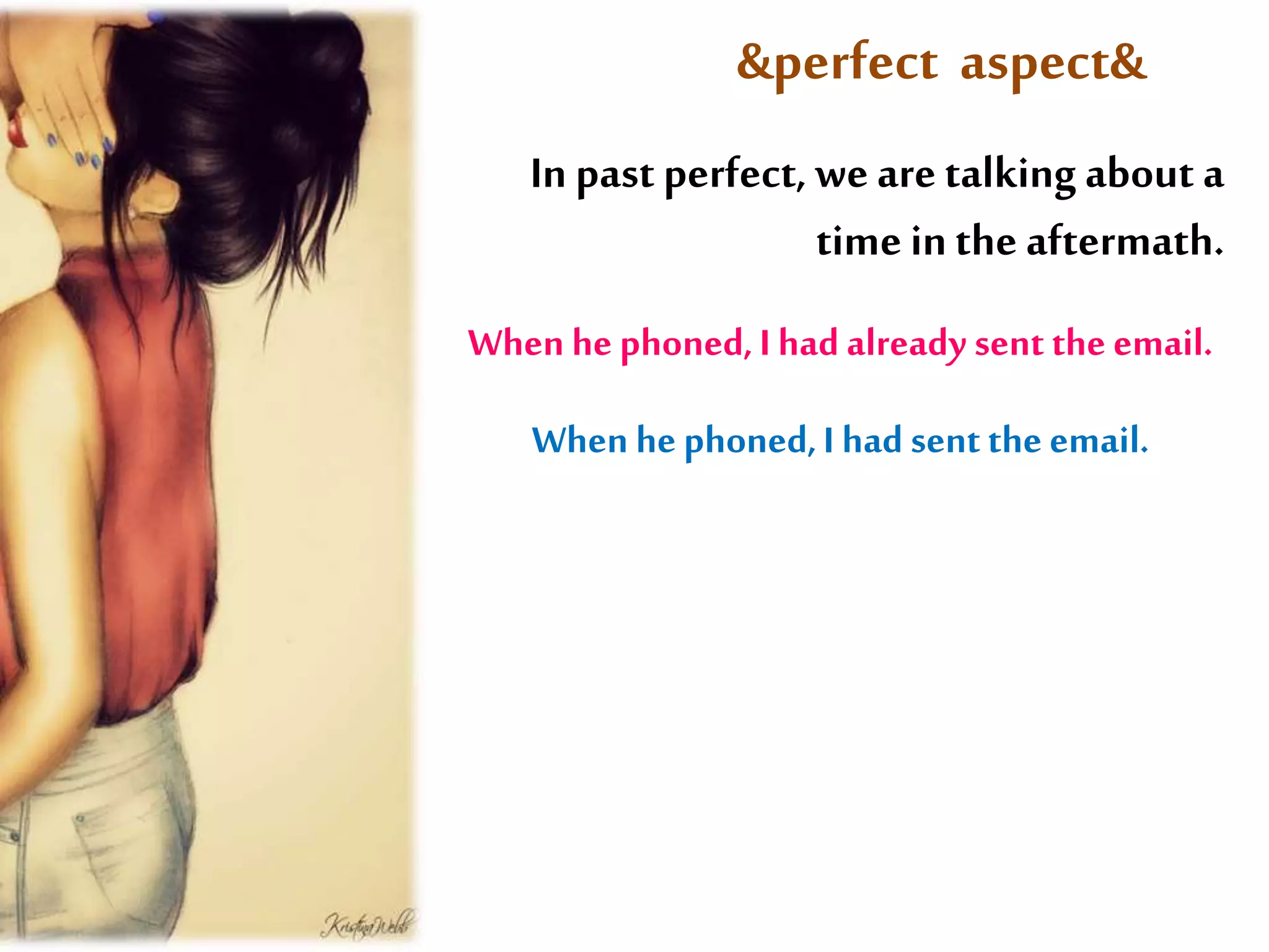 &perfect aspect& 
In past perfect, we are talking about a 
time in the aftermath. 
When he phoned, I had already sent the email. 
When he phoned, I had sent the email. 
 