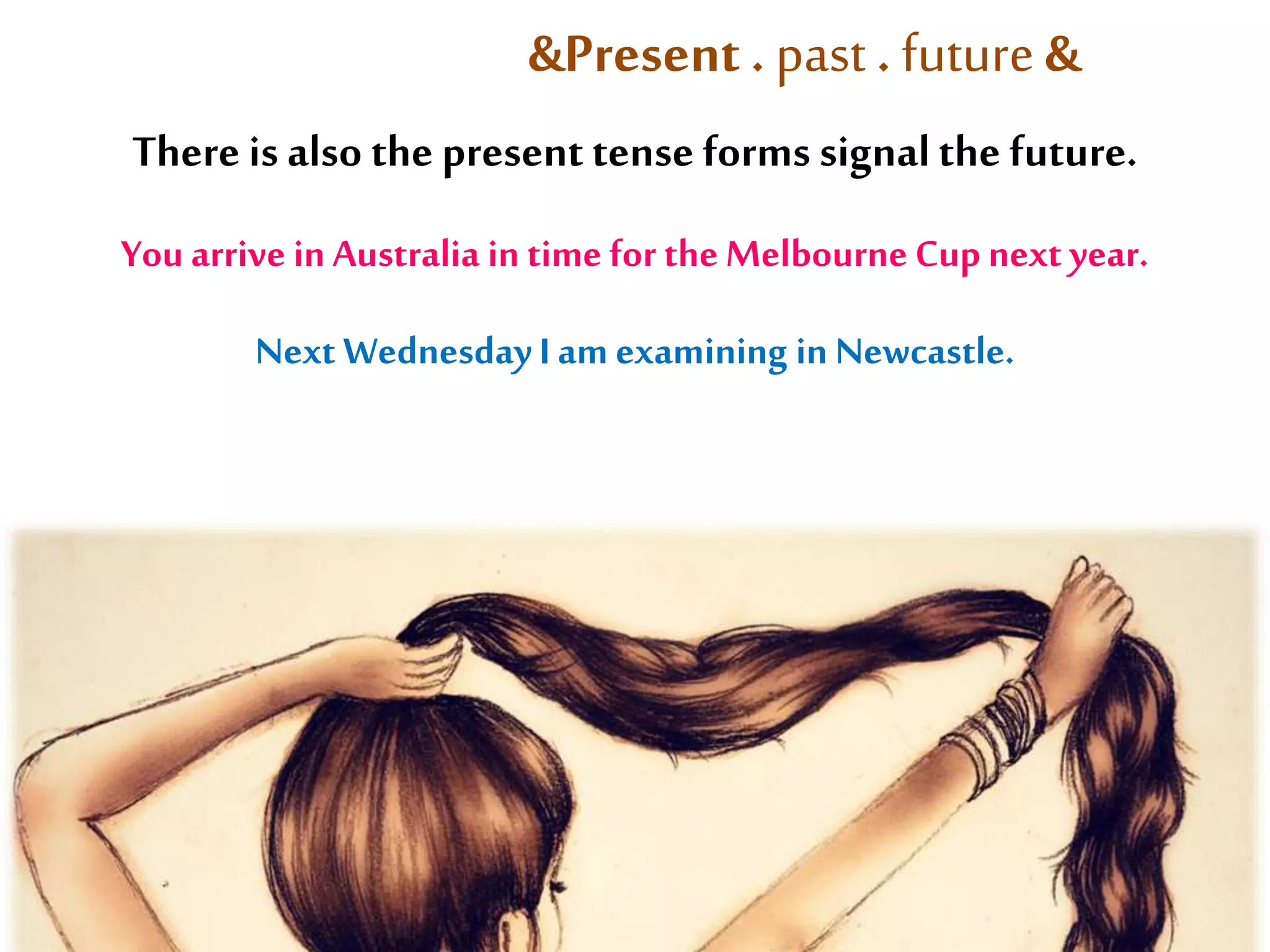&Present . past . future & 
There is also the present tense forms signal the future. 
You arrive in Australia in time for the Melbourne Cup next year. 
Next Wednesday I am examining in Newcastle. 
 