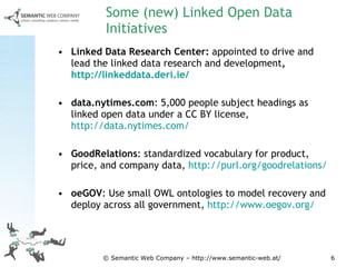 Some (new) Linked Open Data Initiatives Linked Data Research Center:  appointed to drive and lead the linked data research and development ,  http://linkeddata.deri.ie/   data.nytimes.com :  5,000 people subject headings as linked open data under a CC BY license,  http://data.nytimes.com/ GoodRelations :  standardized vocabulary for product, price, and company data ,  http://purl.org/goodrelations/ oeGOV :  Use small OWL ontologies to model recovery and deploy across all government ,  http://www.oegov.org/   © Semantic Web Company – http://www.semantic-web.at/ 