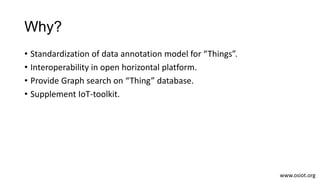 Why?
• Standardization of data annotation model for “Things”.
• Interoperability in open horizontal platform.
• Provide Gr...
