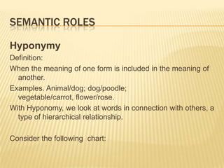 Semantic roles Hyponymy Definition: When the meaning of one form is included in the meaning of another. Examples. Animal/dog; dog/poodle; vegetable/carrot, flower/rose. With Hyponomy, we look at words in connection with others, a type of hierarchical relationship. Consider the following  chart: 