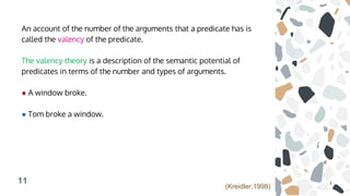 An account of the number of the arguments that a predicate has is
called the valency of the predicate.
The valency theory is a description of the semantic potential of
predicates in terms of the number and types of arguments.
● A window broke.
● Tom broke a window.
11
(Kreidler,1998)
 