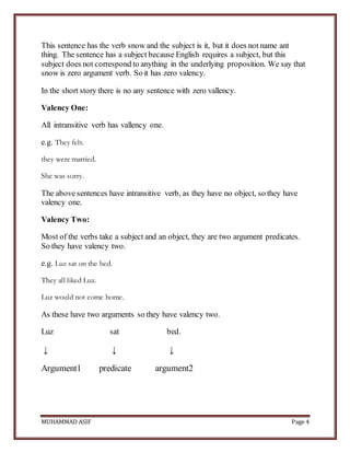 MUHAMMAD ASIF Page 4
This sentence has the verb snow and the subject is it, but it does not name ant
thing. The sentence has a subject because English requires a subject, but this
subject does not correspond to anything in the underlying proposition. We say that
snow is zero argument verb. So it has zero valency.
In the short story there is no any sentence with zero vallency.
Valency One:
All intransitive verb has vallency one.
e.g. They felt.
they were married.
She was sorry.
The above sentences have intransitive verb, as they have no object, so they have
valency one.
Valency Two:
Most of the verbs take a subject and an object, they are two argument predicates.
So they have valency two.
e.g. Luz sat on the bed.
They all liked Luz.
Luz would not come home.
As these have two arguments so they have valency two.
Luz sat bed.
↓ ↓ ↓
Argument1 predicate argument2
 