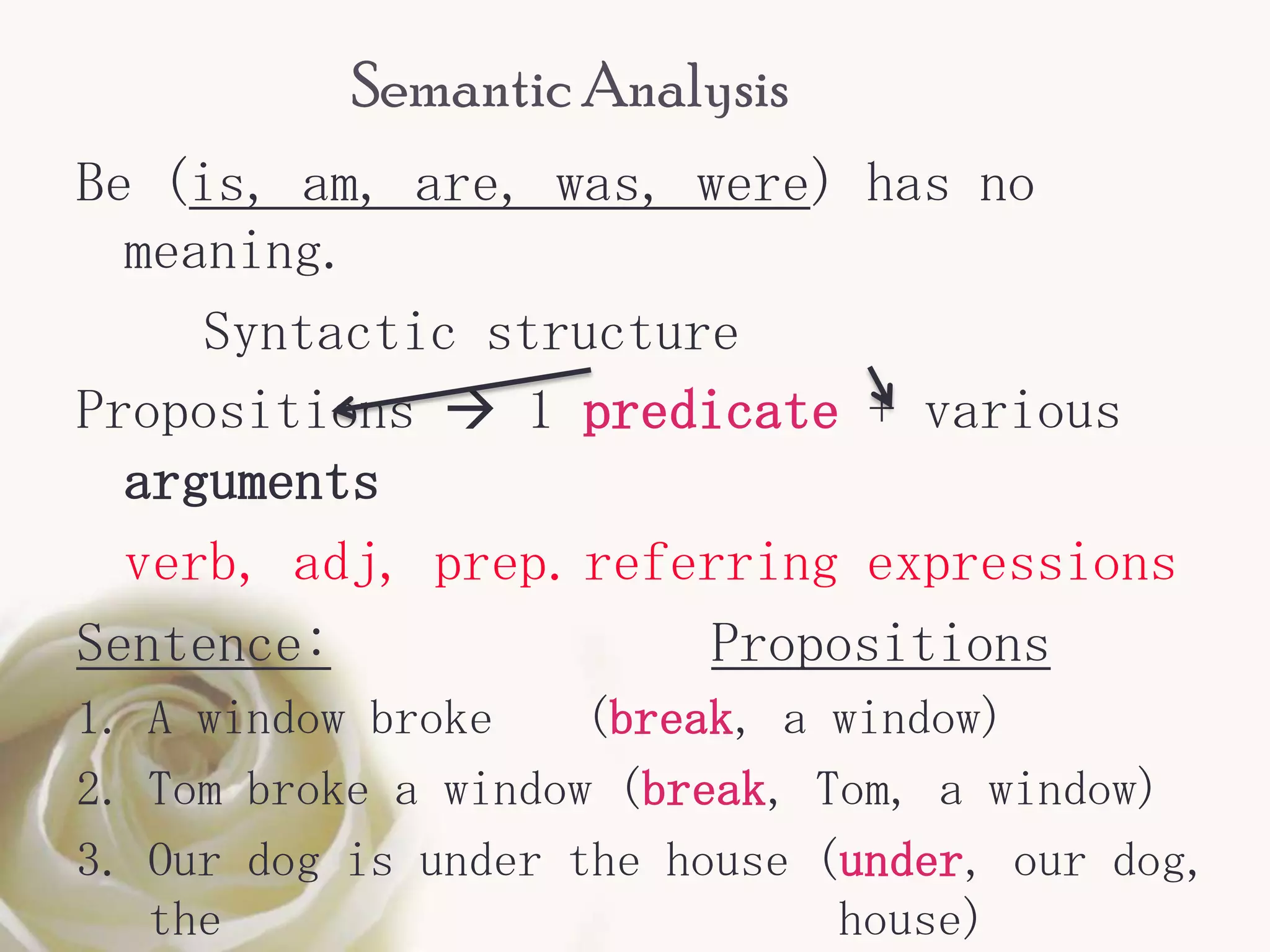 Semantic Analysis
Be (is, am, are, was, were) has no
  meaning.
     Syntactic structure
Propositions  1 predicate + various
  arguments
  verb, adj, prep. referring expressions
Sentence:              Propositions
1. A window broke    (break, a window)
2. Tom broke a window (break, Tom, a window)
3. Our dog is under the house (under, our dog,
   the                         house)
 
