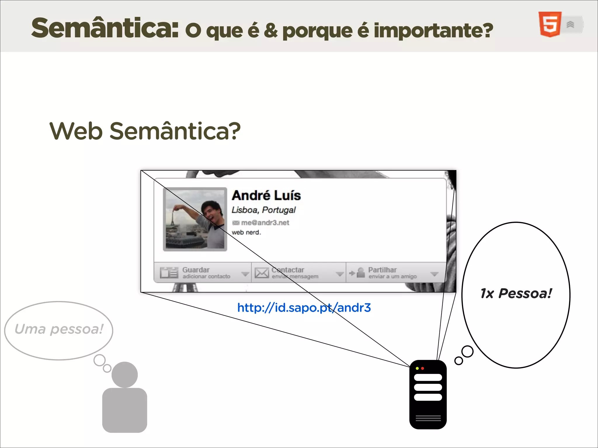Semântica: O que é & porque é importante?


    Web Semântica?




                                              1x Pessoa!
                    http://id.sapo.pt/andr3
Uma pessoa!
 