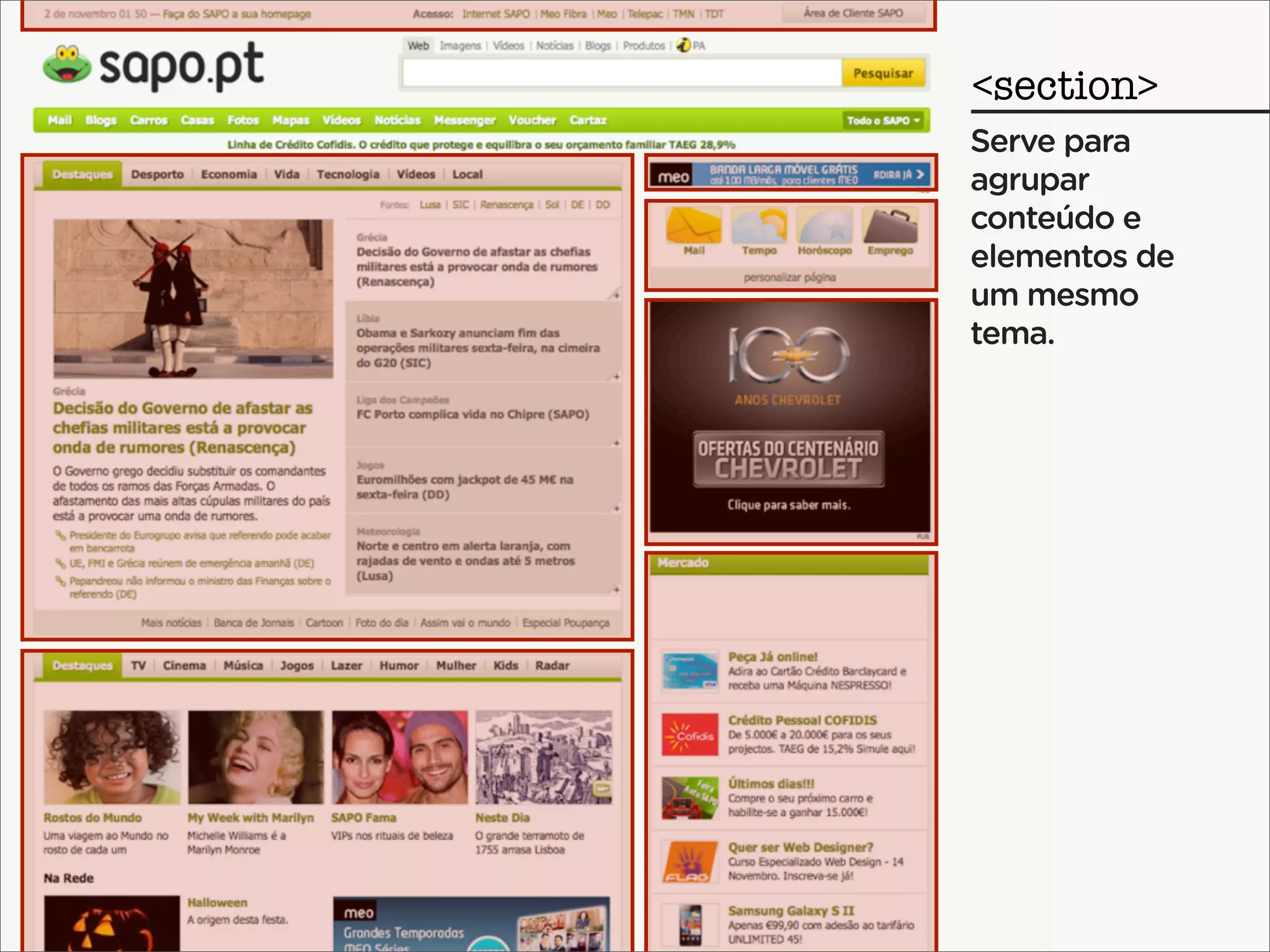 <section>
Serve para
agrupar
conteúdo e
elementos de
um mesmo
tema.
 
