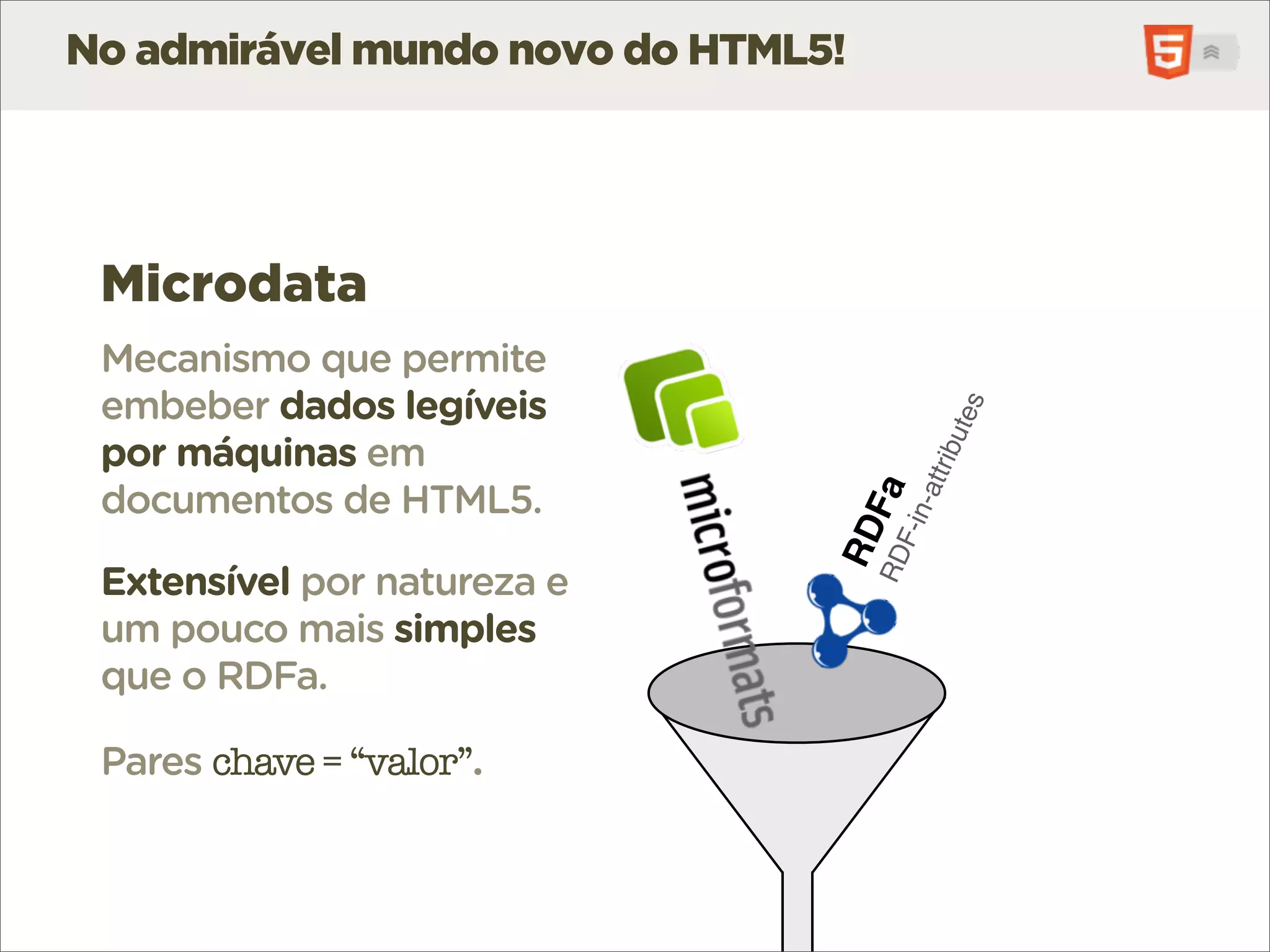 No admirável mundo novo do HTML5!




 Microdata
 Mecanismo que permite
 embeber dados legíveis




                                              tes
                                          ibu
 por máquinas em




                                         attr
 documentos de HTML5.




                                    Fa
                                         n-
                                     F-i
                                RD
                                    RD
 Extensível por natureza e
 um pouco mais simples
 que o RDFa.

 Pares chave = “valor”.
 