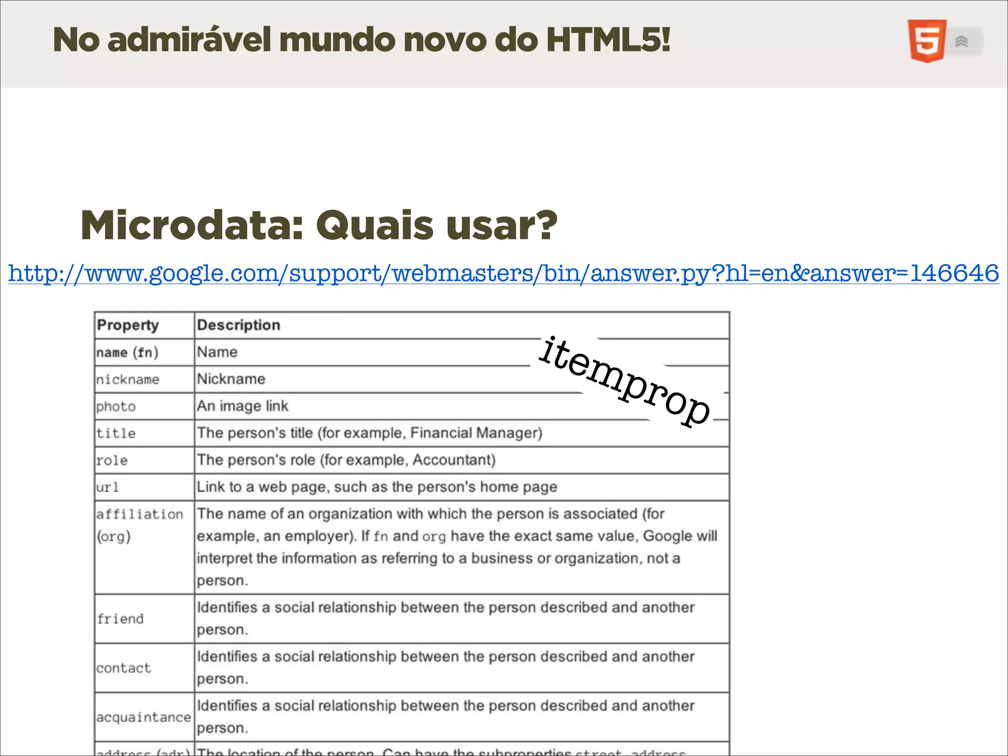 No admirável mundo novo do HTML5!




     Microdata: Quais usar?
http://www.google.com/support/webmasters/bin/answer.py?hl=en&answer=146646


                                       item
                                           pro
                                                  p
 