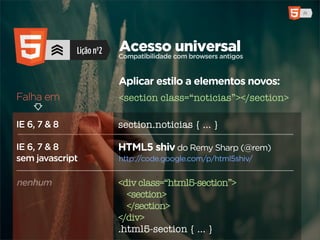Lição nº2   Acesso com browsers antigos
                          Compatibilidade
                                          universal

                          Aplicar estilo a elementos novos:
Falha em                  <section class=“noticias”></section>

IE 6, 7 & 8               section.noticias { ... }

IE 6, 7 & 8               HTML5 shiv do Remy Sharp (@rem)
sem javascript            http://code.google.com/p/html5shiv/


nenhum                    <div class=“html5-section”>
                            <section>
                            </section>
                          </div>
                          .html5-section { ... }
 