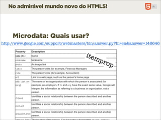 No admirável mundo novo do HTML5!




     Microdata: Quais usar?
http://www.google.com/support/webmasters/bin/answer.py?hl=en&answer=146646


                                       item
                                           pro
                                                  p
 