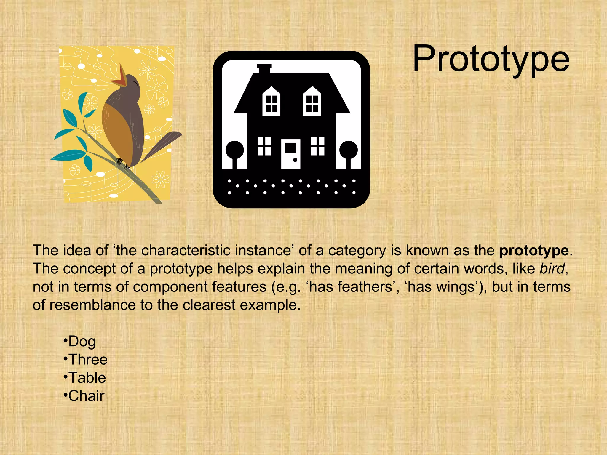 Prototype



The idea of ‘the characteristic instance’ of a category is known as the prototype.
The concept of a prototype helps explain the meaning of certain words, like bird,
not in terms of component features (e.g. ‘has feathers’, ‘has wings’), but in terms
of resemblance to the clearest example.

    •Dog
    •Three
    •Table
    •Chair
 