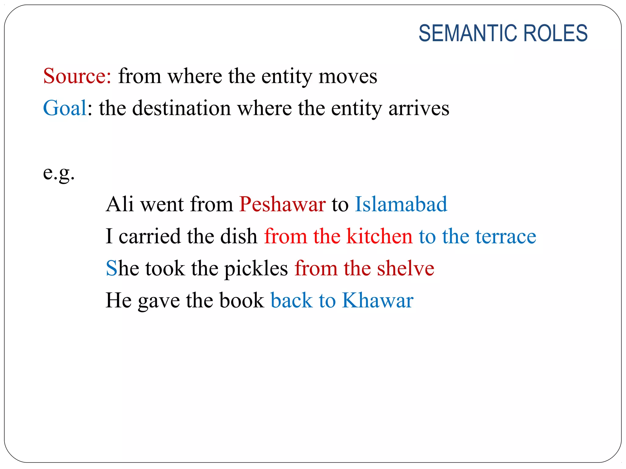SEMANTIC ROLES
Source: from where the entity moves
Goal: the destination where the entity arrives

e.g.
       Ali went from Peshawar to Islamabad
       I carried the dish from the kitchen to the terrace
       She took the pickles from the shelve
       He gave the book back to Khawar
 