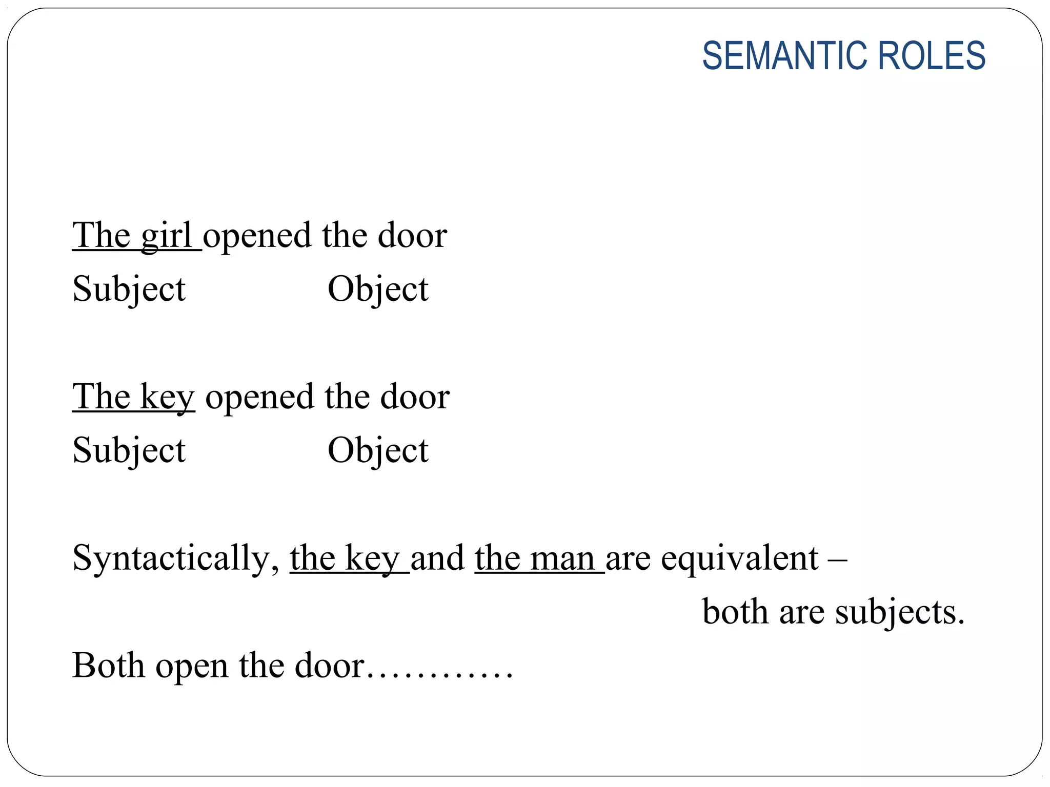 SEMANTIC ROLES



The girl opened the door
Subject          Object

The key opened the door
Subject        Object

Syntactically, the key and the man are equivalent –
                                         both are subjects.
Both open the door…………
 