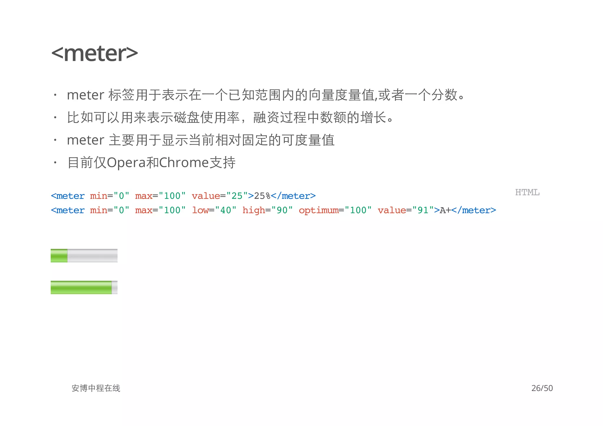 <meter>
安博中程在线
meter 标签用于表示在一个已知范围内的向量度量值,或者一个分数。
比如可以用来表示磁盘使用率，融资过程中数额的增长。
meter 主要用于显示当前相对固定的可度量值
目前仅Opera和Chrome支持
·
·
·
·
<metermin="0"max="100"value="25">25%</meter>
<metermin="0"max="100"low="40"high="90"optimum="100"value="91">A+</meter>
HTML
26/50
 