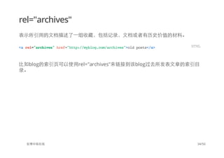 rel="archives"
ʾõĵһղأ¼ĵʷֵĲϡ
blogҳʹrel="archives"ӵblogȥµĿ
¼
г
<arel="archives"href="http://myblog.com/archives">oldposts</a> HTML
34/50
 