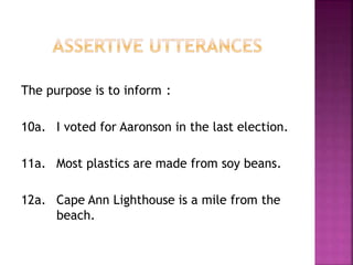 The purpose is to inform :
10a. I voted for Aaronson in the last election.
11a. Most plastics are made from soy beans.
12a. Cape Ann Lighthouse is a mile from the
beach.
 