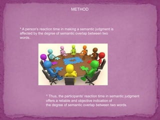 * Thus, the participants' reaction time in semantic judgment
offers a reliable and objective indication of
the degree of semantic overlap between two words.
* A person's reaction time in making a semantic judgment is
affected by the degree of semantic overlap between two
words.
METHOD
 