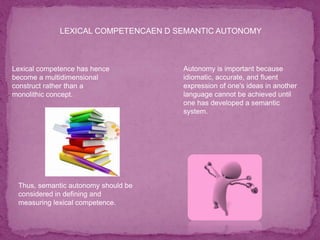 LEXICAL COMPETENCAEN D SEMANTIC AUTONOMY
Lexical competence has hence
become a multidimensional
construct rather than a
monolithic concept.
Autonomy is important because
idiomatic, accurate, and fluent
expression of one's ideas in another
language cannot be achieved until
one has developed a semantic
system.
Thus, semantic autonomy should be
considered in defining and
measuring lexical competence.
 