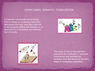OVERCOMING SEMANTIC FOSSILIZATION
L2 learners can benefit tremendously
from a variety of vocabulary instruction
techniques that help draw their attention
to the semantic differences between a L2
word and its LI translation and between
two L2 words.
The issue of how to help learners
overcome the continued L1 semantic
involvement and facilitate the
transition from the second to the third
stage of vocabulary acquisition.
 