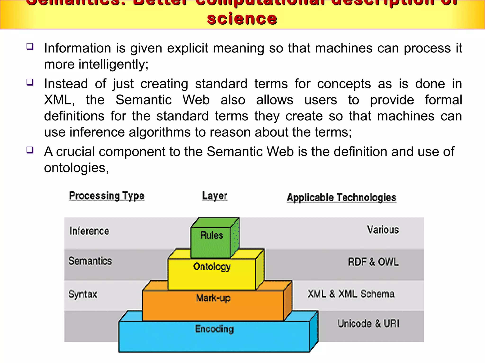 Semantics:Semantics: Better computational description ofBetter computational description of
sciencescience
 Information is given explicit meaning so that machines can process it
more intelligently;
 Instead of just creating standard terms for concepts as is done in
XML, the Semantic Web also allows users to provide formal
definitions for the standard terms they create so that machines can
use inference algorithms to reason about the terms;
 A crucial component to the Semantic Web is the definition and use of
ontologies,
 