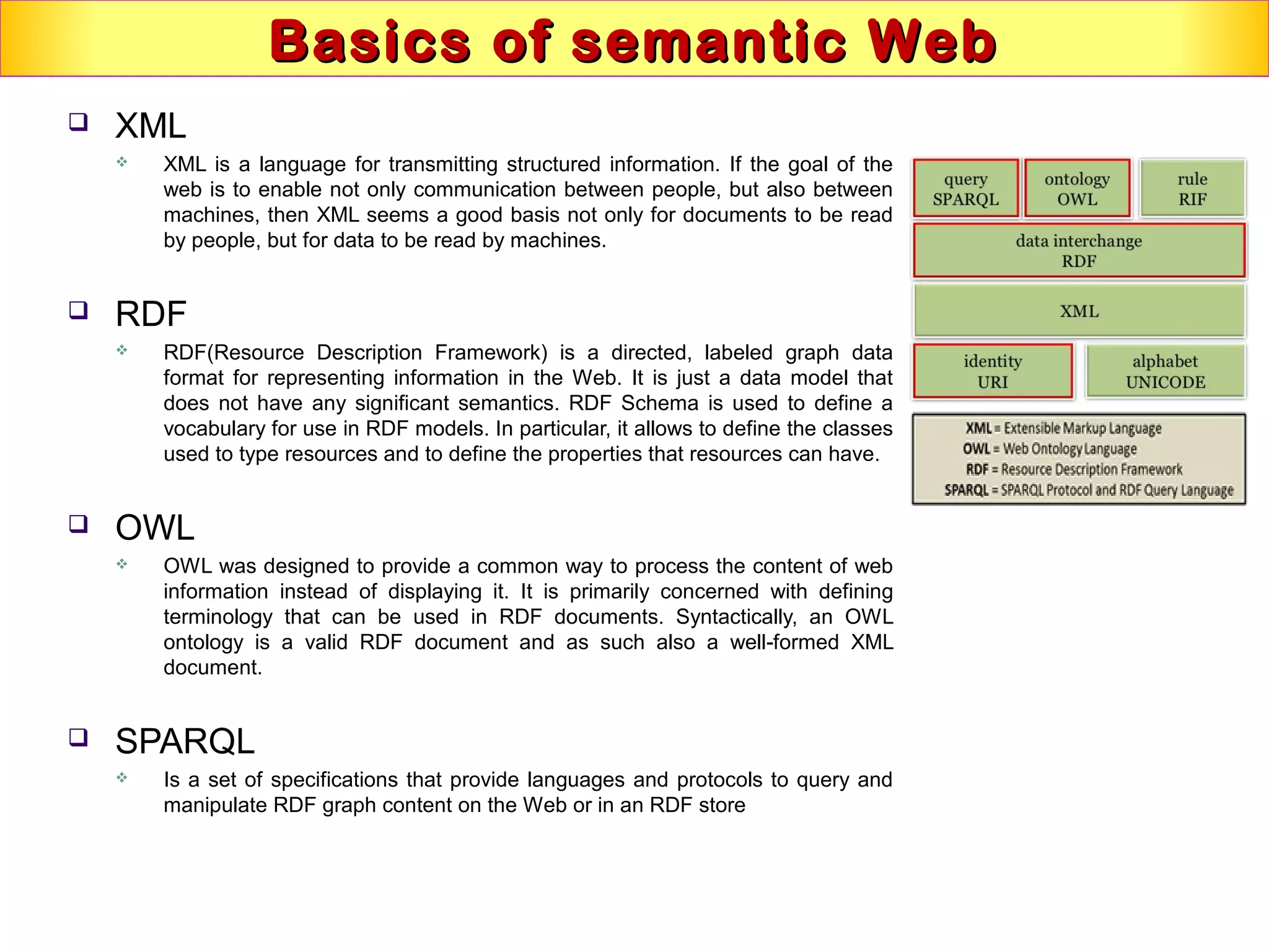 Basics of semantic WebBasics of semantic Web
 XML
 XML is a language for transmitting structured information. If the goal of the
web is to enable not only communication between people, but also between
machines, then XML seems a good basis not only for documents to be read
by people, but for data to be read by machines.
 RDF
 RDF(Resource Description Framework) is a directed, labeled graph data
format for representing information in the Web. It is just a data model that
does not have any significant semantics. RDF Schema is used to define a
vocabulary for use in RDF models. In particular, it allows to define the classes
used to type resources and to define the properties that resources can have.
 OWL
 OWL was designed to provide a common way to process the content of web
information instead of displaying it. It is primarily concerned with defining
terminology that can be used in RDF documents. Syntactically, an OWL
ontology is a valid RDF document and as such also a well-formed XML
document.
 SPARQL
 Is a set of specifications that provide languages and protocols to query and
manipulate RDF graph content on the Web or in an RDF store
 