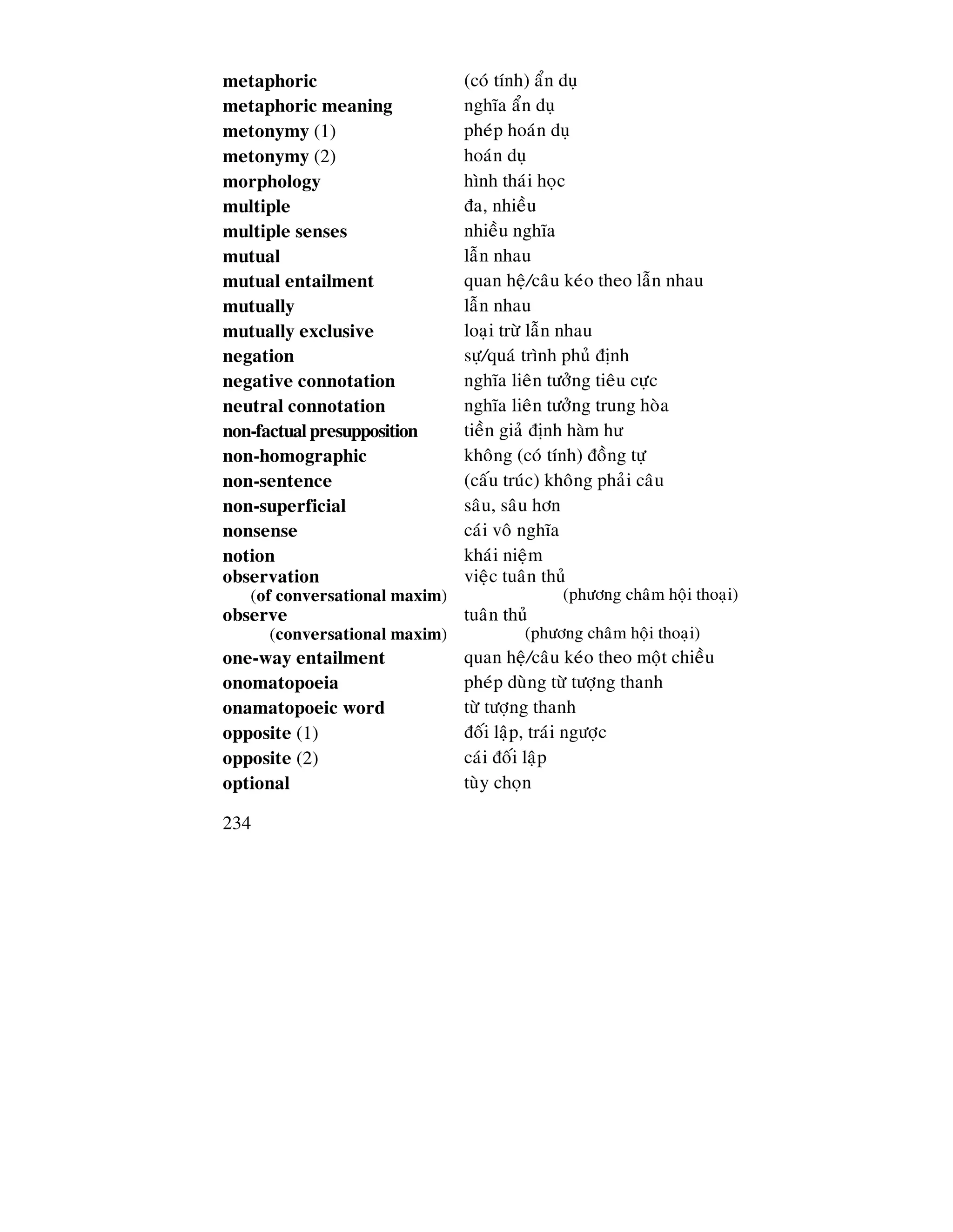 234
metaphoric (coù tính) aån duï
metaphoric meaning nghóa aån duï
metonymy (1) pheùp hoaùn duï
metonymy (2) hoaùn duï
morphology hình thaùi hoïc
multiple ña, nhieàu
multiple senses nhieàu nghóa
mutual laãn nhau
mutual entailment quan heä/caâu keùo theo laãn nhau
mutually laãn nhau
mutually exclusive loaïi tröø laãn nhau
negation söï/quaù trình phuû ñònh
negative connotation nghóa lieân töôûng tieâu cöïc
neutral connotation nghóa lieân töôûng trung hoøa
non-factual presupposition tieàn giaû ñònh hàm hư
non-homographic khoâng (coù tính) ñoàng töï
non-sentence (caáu truùc) khoâng phaûi caâu
non-superficial saâu, saâu hôn
nonsense caùi voâ nghóa
notion khaùi nieäm
observation
(of conversational maxim)
vieäc tuaân thuû
(phöông chaâm hoäi thoaïi)
observe
(conversational maxim)
tuaân thuû
(phöông chaâm hoäi thoaïi)
one-way entailment quan heä/caâu keùo theo moät chieàu
onomatopoeia pheùp duøng töø töôïng thanh
onamatopoeic word töø töôïng thanh
opposite (1) ñoái laäp, traùi ngöôïc
opposite (2) caùi ñoái laäp
optional tuøy choïn
 