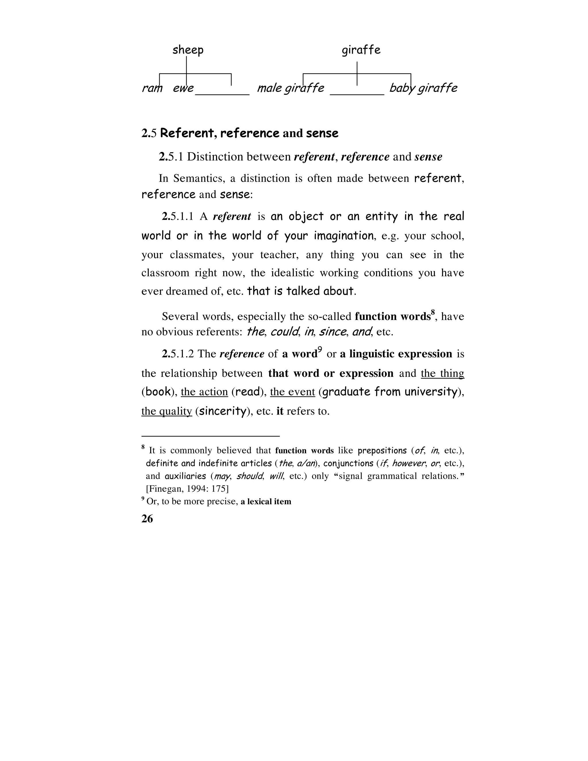 26
sheep giraffe
ram ewe male giraffe baby giraffe
2.5 Referent, reference and sense
2.5.1 Distinction between referent, reference and sense
In Semantics, a distinction is often made between referent,
reference and sense:
2.5.1.1 A referent is an object or an entity in the real
world or in the world of your imagination, e.g. your school,
your classmates, your teacher, any thing you can see in the
classroom right now, the idealistic working conditions you have
ever dreamed of, etc. that is talked about.
Several words, especially the so-called function words8
, have
no obvious referents: the, could, in, since, and, etc.
2.5.1.2 The reference of a word9
or a linguistic expression is
the relationship between that word or expression and the thing
(book), the action (read), the event (graduate from university),
the quality (sincerity), etc. it refers to.
8
It is commonly believed that function words like prepositions (of, in, etc.),
definite and indefinite articles (the, a/an), conjunctions (if, however, or, etc.),
and auxiliaries (may, should, will, etc.) only “signal grammatical relations.”
[Finegan, 1994: 175]
9
Or, to be more precise, a lexical item
 