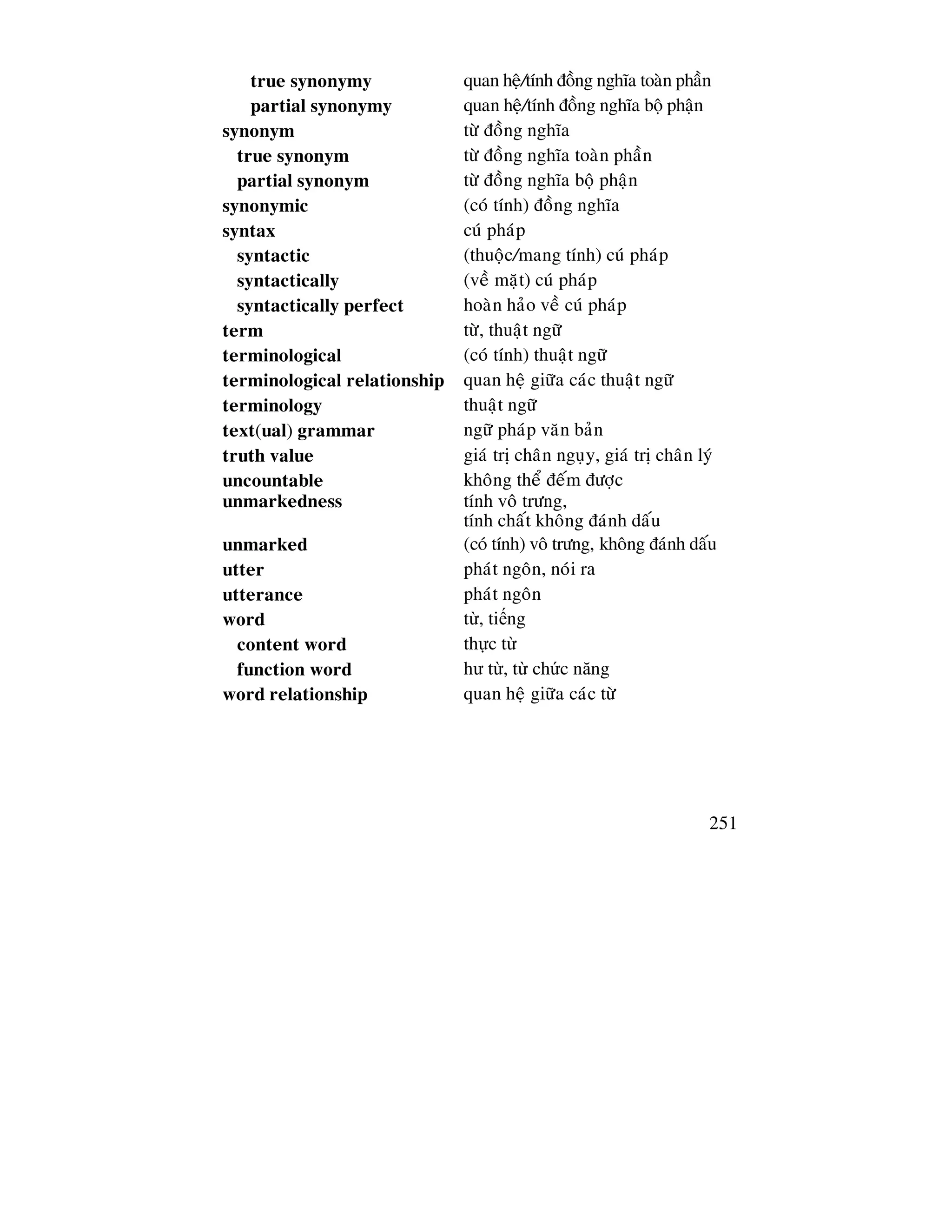 251
true synonymy quan heä/tính ñoàng nghóa toaøn phaàn
partial synonymy quan heä/tính ñoàng nghóa boä phaän
synonym töø ñoàng nghóa
true synonym töø ñoàng nghóa toaøn phaàn
partial synonym töø ñoàng nghóa boä phaän
synonymic (coù tính) ñoàng nghóa
syntax cuù phaùp
syntactic (thuoäc/mang tính) cuù phaùp
syntactically (veà maët) cuù phaùp
syntactically perfect hoaøn haûo veà cuù phaùp
term töø, thuaät ngöõ
terminological (coù tính) thuaät ngöõ
terminological relationship quan heä giöõa caùc thuaät ngöõ
terminology thuaät ngöõ
text(ual) grammar ngöõ phaùp vaên baûn
truth value giaù trò chaân nguïy, giaù trò chaân lyù
uncountable khoâng theå ñeám ñöôïc
unmarkedness tính voâ tröng,
tính chaát khoâng ñaùnh daáu
unmarked (coù tính) voâ tröng, khoâng ñaùnh daáu
utter phaùt ngoân, noùi ra
utterance phaùt ngoân
word t , ti ng
content word th c t
function word hư t , t ch c năng
word relationship quan heä giöõa caùc töø
 