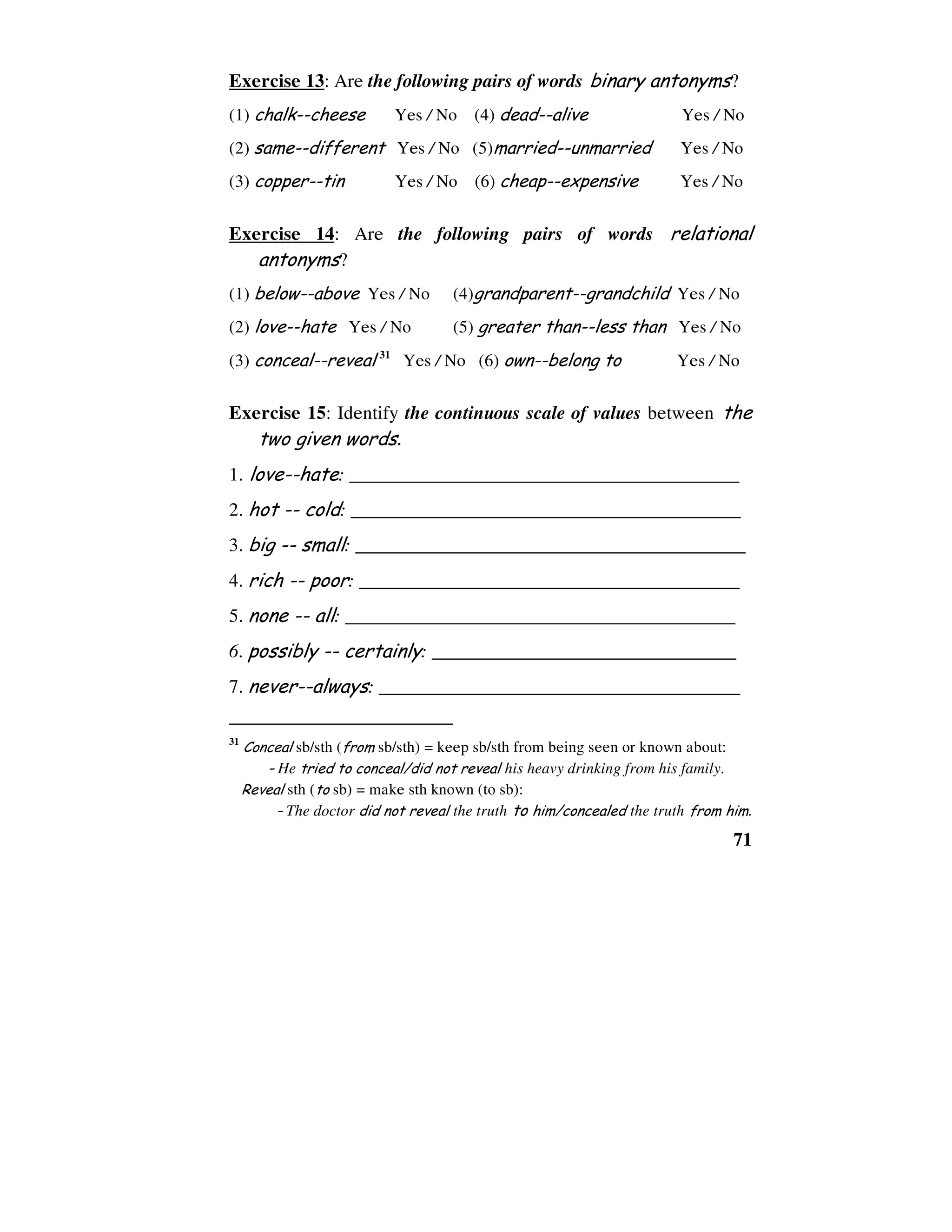 71
Exercise 13: Are the following pairs of words binary antonyms?
(1) chalk--cheese Yes / No (4) dead--alive Yes / No
(2) same--different Yes / No (5)married--unmarried Yes / No
(3) copper--tin Yes / No (6) cheap--expensive Yes / No
Exercise 14: Are the following pairs of words relational
antonyms?
(1) below--above Yes / No (4)grandparent--grandchild Yes / No
(2) love--hate Yes / No (5) greater than--less than Yes / No
(3) conceal--reveal 31
Yes / No (6) own--belong to Yes / No
Exercise 15: Identify the continuous scale of values between the
two given words.
1. love--hate: _________________________________________
2. hot -- cold: _________________________________________
3. big -- small: _________________________________________
4. rich -- poor: ________________________________________
5. none -- all: _________________________________________
6. possibly -- certainly: ________________________________
7. never--always: ______________________________________
31
Conceal sb/sth (from sb/sth) = keep sb/sth from being seen or known about:
- He tried to conceal/did not reveal his heavy drinking from his family.
Reveal sth (to sb) = make sth known (to sb):
- The doctor did not reveal the truth to him/concealed the truth from him.
 
