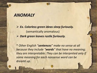 ANOMALY
 Ex. Colorless green ideas sleep furiously.
(semantically anomalous)
 Dark green leaves rustle furiously.
* Other English “sentences” make no sense at all
because they include “words” that have no meaning;
they are interpretable. They can be interpreted only if
some meaning for each nonsense word can be
dreamt up.
 