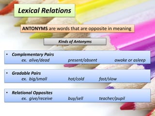 Lexical Relations
• Complementary Pairs
ex. alive/dead present/absent awake or asleep
Kinds of Antonyms
ANTONYMS are words that are opposite in meaning
• Gradable Pairs
ex. big/small hot/cold fast/slow
• Relational Opposites
ex. give/receive buy/sell teacher/pupil
 