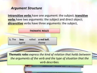 Argument Structure
Intransitive verbs have one argument: the subject; transitive
verbs have two arguments: the subject and direct object;
ditransitive verbs have three arguments: the subject,
THEMATIC ROLES
1. The boy rolled a red ball.
agent theme
Thematic roles express the kind of relation that holds between
the arguments of the verb and the type of situation that the
verb describes.
 