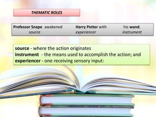 THEMATIC ROLES
Professor Snape awakened Harry Potter with his wand.
source experiencer instrument
source - where the action originates
instrument - the means used to accomplish the action; and
experiencer - one receiving sensory input:
 