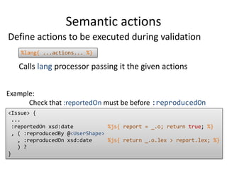 Semantic actions 
Define actions to be executed during validation 
<Issue> { 
... 
:reportedOn xsd:date %js{ report = _.o; return true; %} 
, ( :reproducedBy @<UserShape> 
, :reproducedOn xsd:date %js{ return _.o.lex > report.lex; %} 
) ? 
} 
%lang{ ...actions... %} 
Calls lang processor passing it the given actions 
Example: 
Check that :reportedOn must be before :reproducedOn 
 
