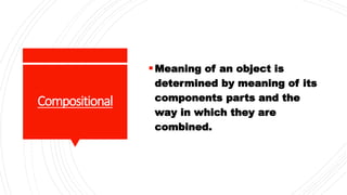 Compositional
Meaning of an object is
determined by meaning of its
components parts and the
way in which they are
combined.
 