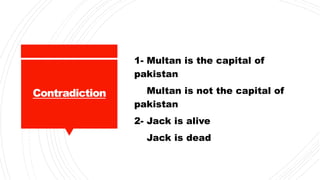 Contradiction
1- Multan is the capital of
pakistan
Multan is not the capital of
pakistan
2- Jack is alive
Jack is dead
 