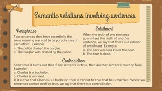 Two sentences that have essentially the
same meaning are said to be paraphrases of
each other. Example:
a. The police chased the burglar.
b. The burglar was chased by the police.
Semantic relations involving sentences
Paraphrase Entailment
When the truth of one sentence
guarantees the truth of another
sentence, we say that there is a relation
of entailment. Example:
a. The park wardens killed the bear.
b. The bear is dead.
Contradiction
Sometimes it turns out that if one sentence is true, then another sentence must be false.
Example:
a. Charles is a bachelor.
b. Charles is married.
If it is true that Charles is a bachelor, then it cannot be true that he is married. When two
sentences cannot both be true, we say that there is a contradiction.
 