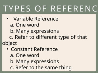 TYPES OF REFERENC
• Variable Reference
a. One word
b. Many expressions
c. Refer to different type of that
object
• Constant Reference
a. One word
b. Many expressions
c. Refer to the same thing
 