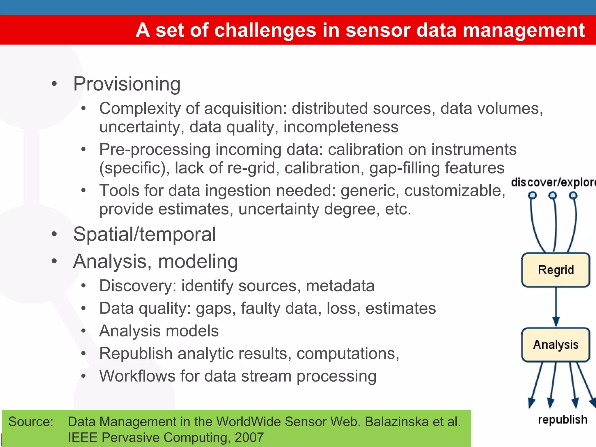 A set of challenges in sensor data management Provisioning Complexity of acquisition: distributed sources, data volumes, uncertainty, data quality, incompleteness  Pre-processing incoming data: calibration on instruments (specific), lack of re-grid, calibration, gap-filling features Tools for data ingestion needed: generic, customizable, provide estimates, uncertainty degree, etc. Spatial/temporal Analysis, modeling Discovery: identify sources, metadata Data quality: gaps, faulty data, loss, estimates Analysis models  Republish analytic results, computations,  Workflows for data stream processing  Source:  Data Management in the WorldWide Sensor Web. Balazinska et al.  IEEE Pervasive Computing, 2007 