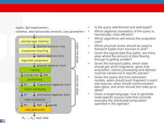 SNEE as a Decision-Making Sequence Is the query well-formed and well-typed? Which algebraic translation of the query is, heuristically, most efficient? Which algorithms will reduce the evaluation cost? Which physical routes should be used to transport tuples from sources to sink? Given the logical data flow paths, are there sites where the amount of data flowing through is getting smaller?  Given the transport paths, which sites should get which fragments, given that acquisition, (some) processing and delivery must be carried out in specific places? Given the space and time estimation models, when should each fragment in each site execute, when should communication take place, and when should the node go to sleep?  Given a target language, how to generate node-specific source code that correctly executes the distributed computation specified in the agenda? SemsorGrid4Env, Kick-Off, Madrid routing parsing/type checking translation/rewriting algorithm assignment partitioning where-scheduling when-scheduling code generation <query, QoS-expectations>, <schemas, description(node,network), cost parameters> <N 1 , …, N m > nesC code abstract-syntactic tree logical-algebraic form physical-algebraic form PAF routing tree RT fragmented-algebraic form agenda 1 2 3 4 5 6 7 8 RT distributed-algebraic form RT DAF single-site phase multi-site phase 