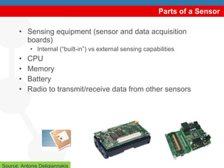Parts of a Sensor Sensing equipment (sensor and data acquisition boards) Internal (“built-in”) vs external sensing capabilities CPU Memory Battery Radio to transmit/receive data from other sensors Source: Antonis Deligiannakis 