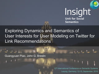 Guangyuan Piao, John G. Breslin
Unit for Social
Semantics
12th International Conference on Semantic Systems
Leipzig, Germany, 12-15, September, 2016
Exploring Dynamics and Semantics of
User Interests for User Modeling on Twitter for
Link Recommendations
 