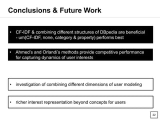 Conclusions & Future Work
22
• CF-IDF & combining different structures of DBpedia are beneficial
- um(CF-IDF, none, catego...