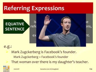 5/24/2018 Semantics (2017-18) HongOanh 124
Referring Expressions
e.g.:
 Mark Zugckerberg is Facebook’s founder.
Mark Zugc...