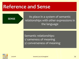 5/24/2018 Semantics (2017-18) HongOanh 75
Reference and Sense
SENSE
Its place in a system of semantic
relationships with o...