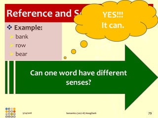 5/24/2018 Semantics (2017-18) HongOanh 79
Reference and Sense
Can one word have different
senses?
YES!!!
It can. Example:...