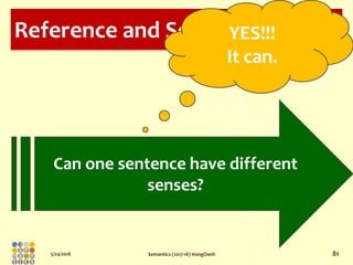 5/24/2018 Semantics (2017-18) HongOanh 81
Reference and Sense
Can one sentence have different
senses?
YES!!!
It can.
 