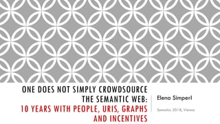 ONE DOES NOT SIMPLY CROWDSOURCE
THE SEMANTIC WEB:
10 YEARS WITH PEOPLE, URIS, GRAPHS
AND INCENTIVES
Elena Simperl
Sematics 2018, Vienna
 