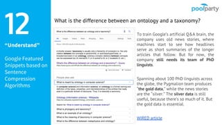 “Understand”
Google Featured
Snippets based on
Sentence
Compression
Algorithms
To train Google’s artificial Q&A brain, the
company uses old news stories, where
machines start to see how headlines
serve as short summaries of the longer
articles that follow. But for now, the
company still needs its team of PhD
linguists.
Spanning about 100 PhD linguists across
the globe, the Pygmalion team produces
“the gold data,” while the news stories
are the “silver.” The silver data is still
useful, because there’s so much of it. But
the gold data is essential.
WIRED article
12 What is the difference between an ontology and a taxonomy?
 
